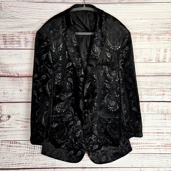 Cloudstyle Womens Black Velvet Blazer L Metallic Embossed Dark Academia Jacket - Picture 1 of 11